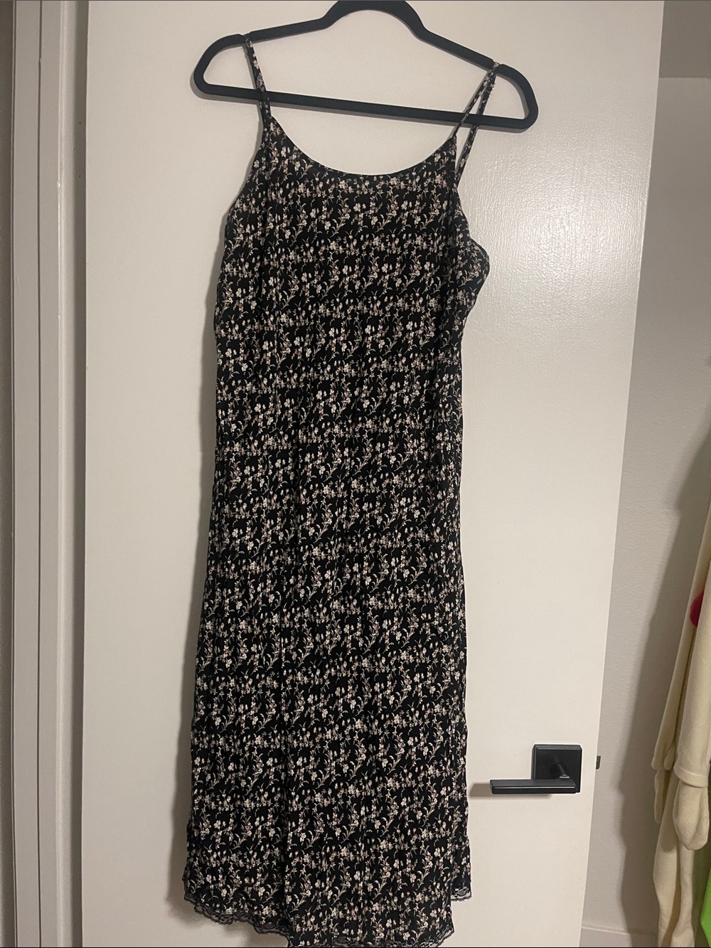 Black Floral Midi Slip Dress with Beige Print